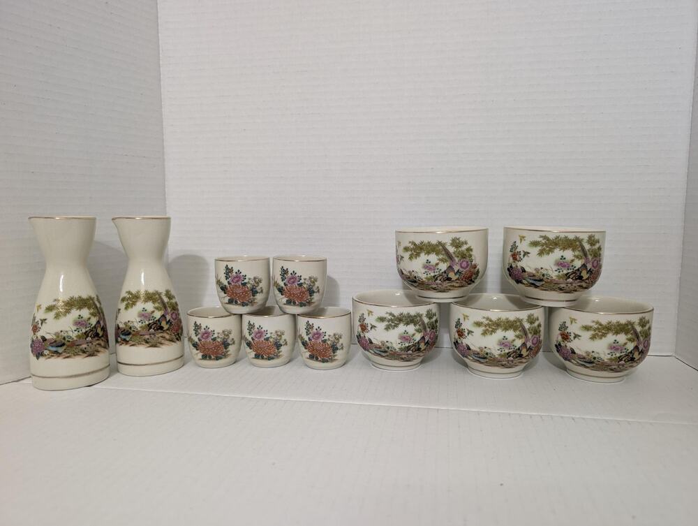 Vintage Japanese Satsuma Sake Set 12 Pc Tokkuri Ochoko Yunomi Pheasant